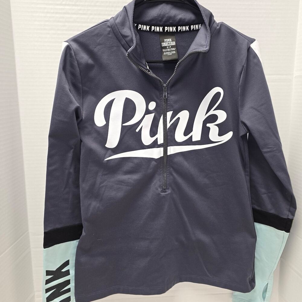 Victoria's Secret PINK quarter-zip pullover in gray with a white logo sz small